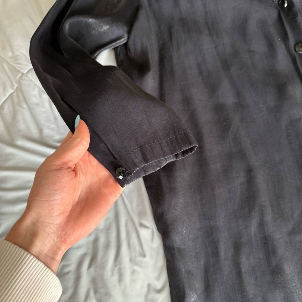 Joan Leslie Women's Black Satin Silky Button Down Shirt Gem Buttons - Picture 3 of 12